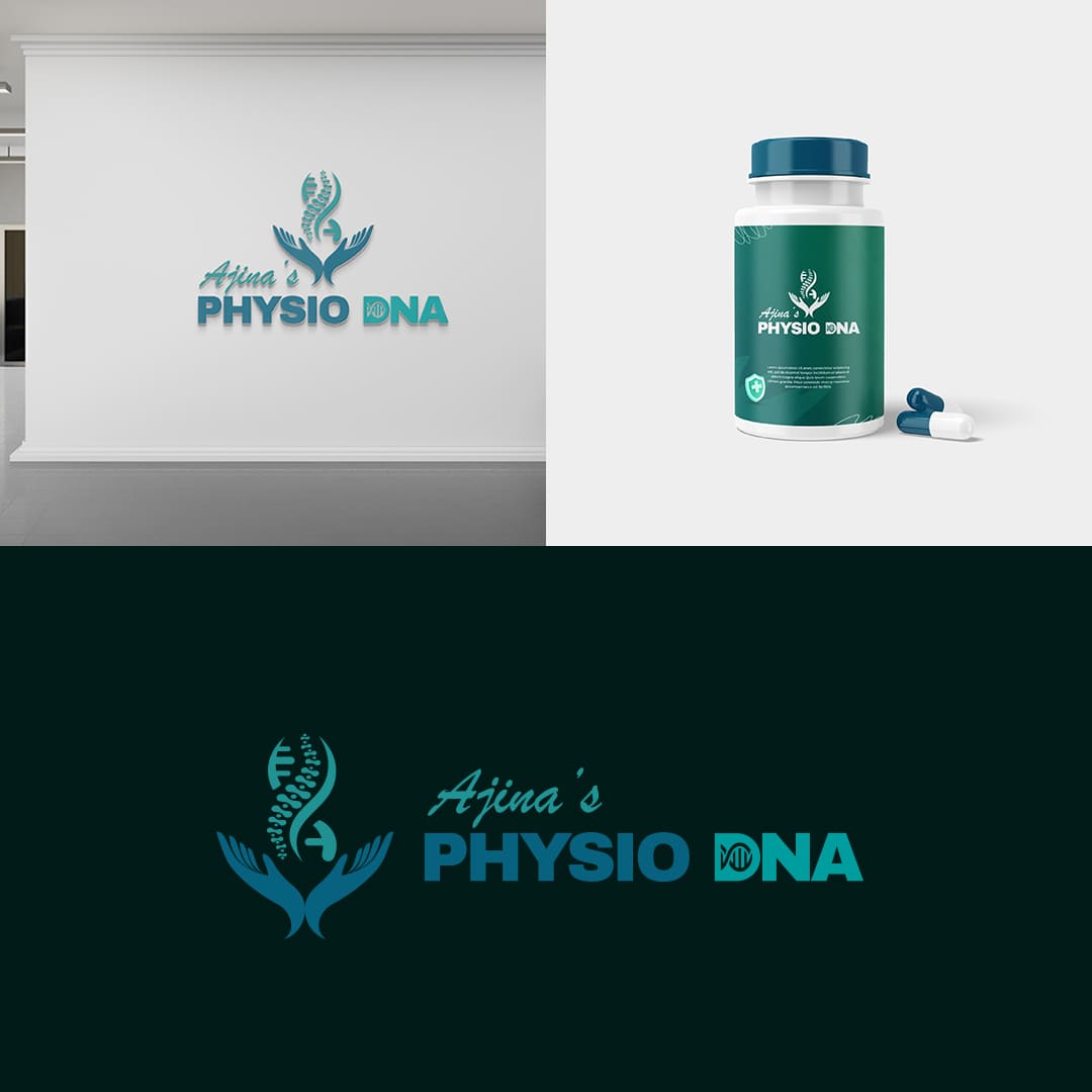 Ajina's Physio DNA logo design and physiotherapy healthcare brand identity showcasing medical branding, clinic logo design and healthcare visual identity mockups