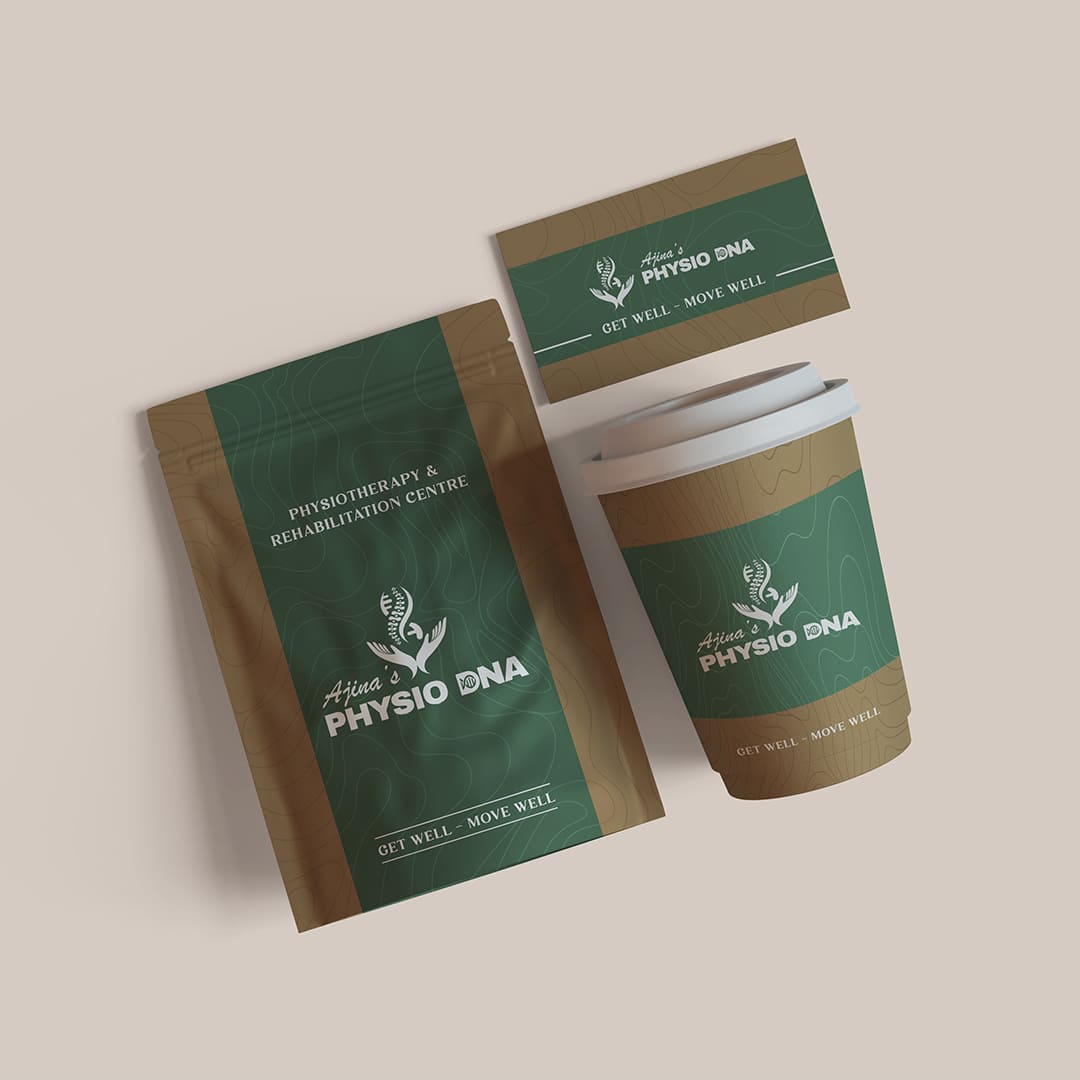 Ajina's Physio DNA physiotherapy clinic branding and packaging mockup design by Click You Design.