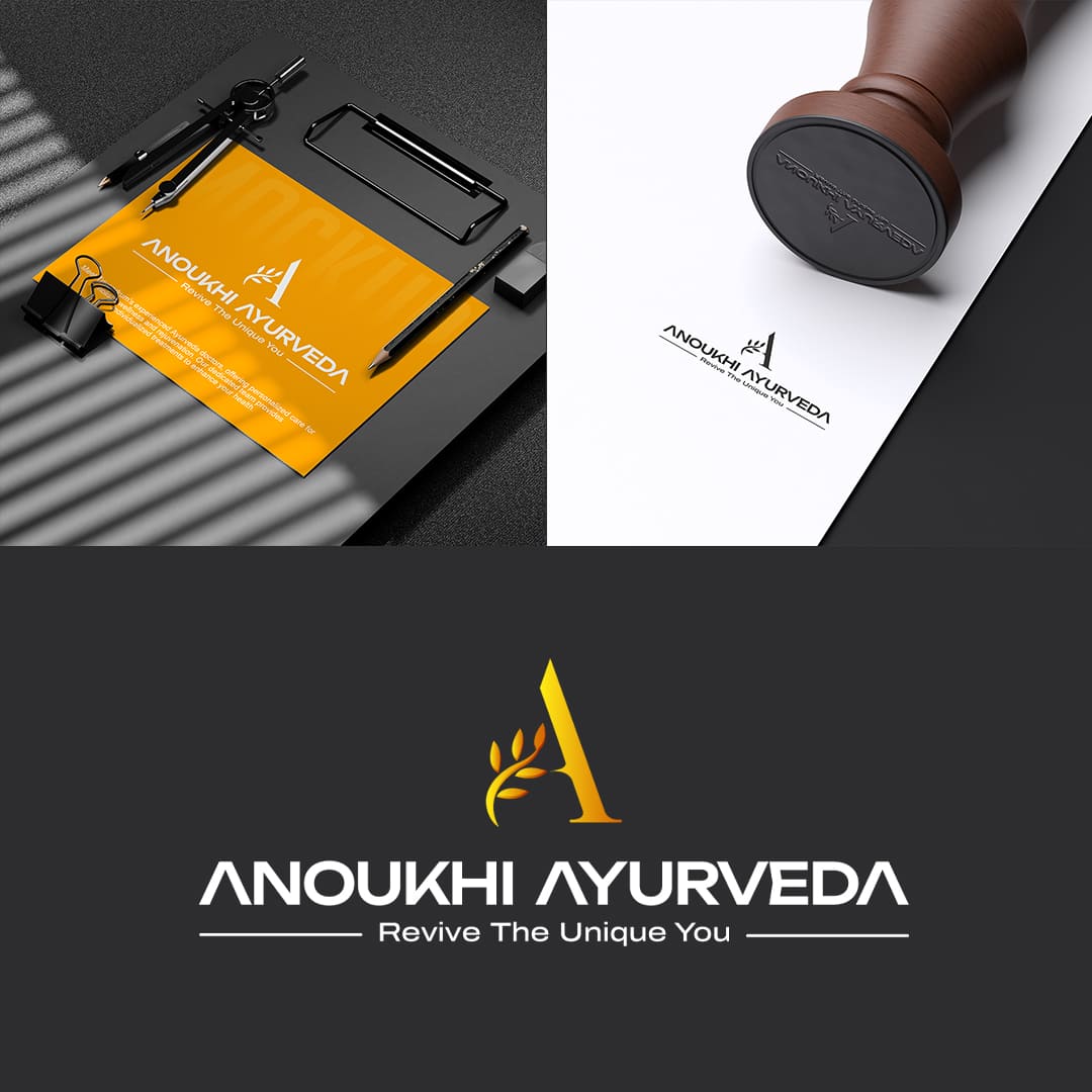 Anoukhi Ayurveda brand identity design featuring custom logo design, corporate stationery branding, business card design and Ayurveda healthcare visual identity mockups