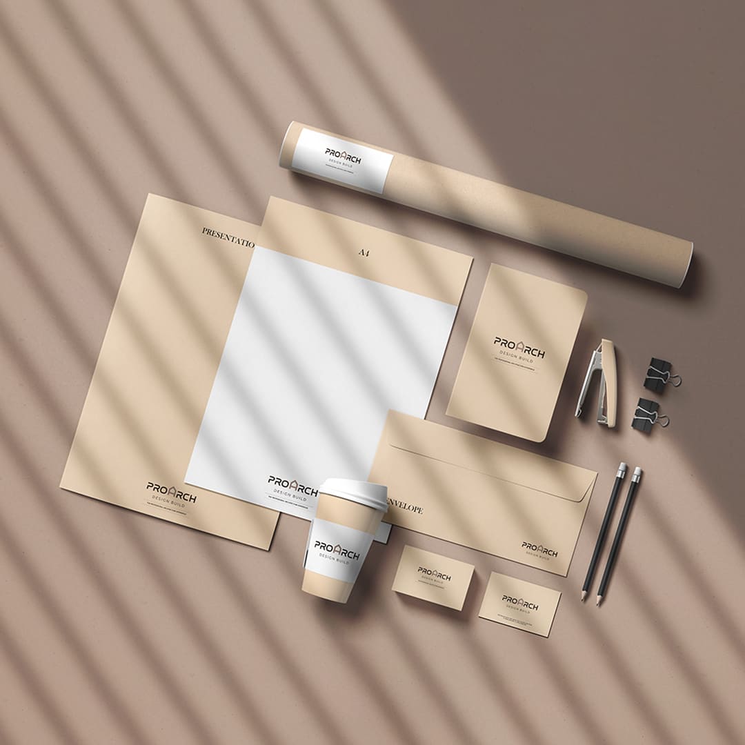 Professional architecture brand identity design featuring corporate stationery, business cards, letterheads, packaging elements, and visual branding materials for an architecture company