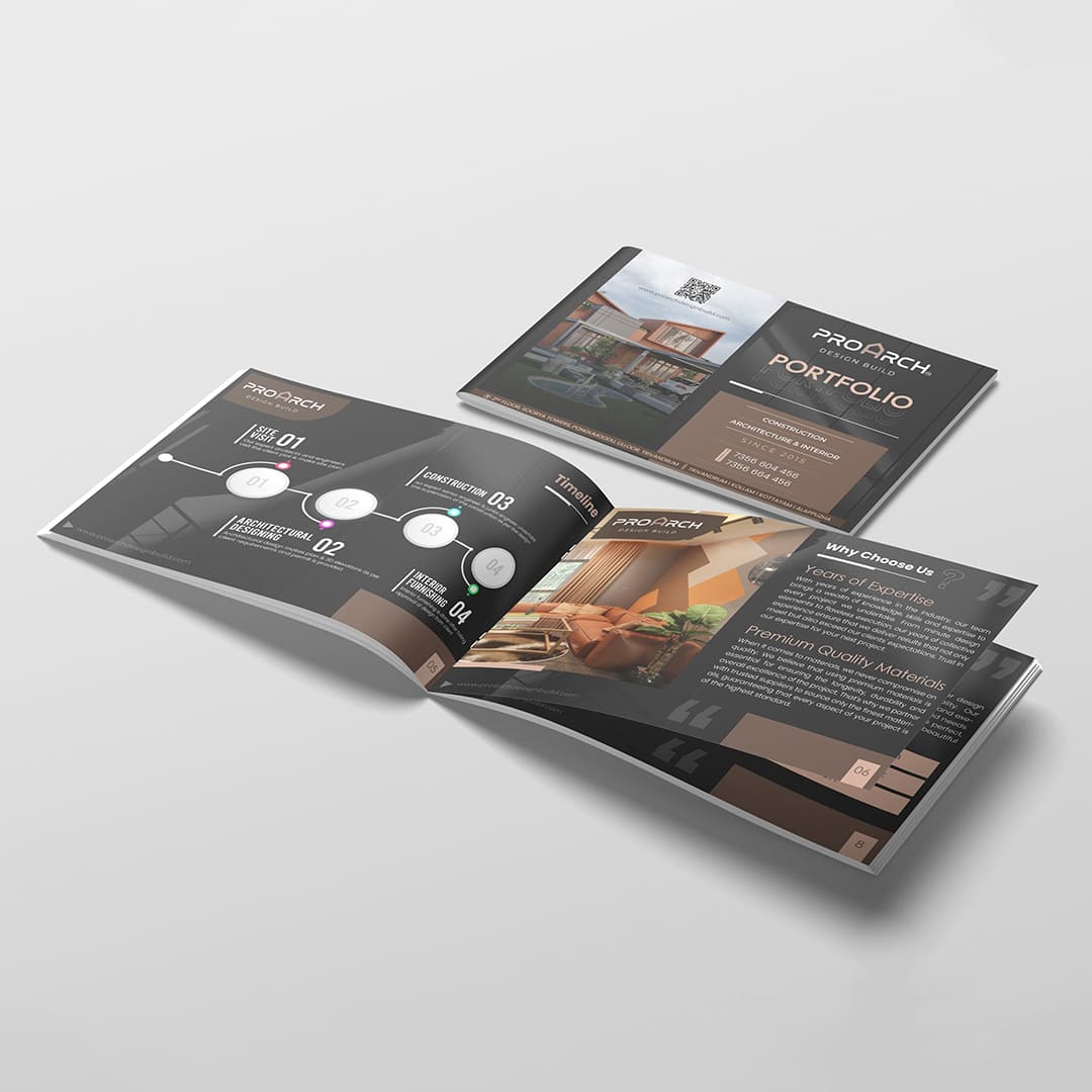 Professional architecture portfolio brochure design showcasing company profile, construction projects, and architectural services