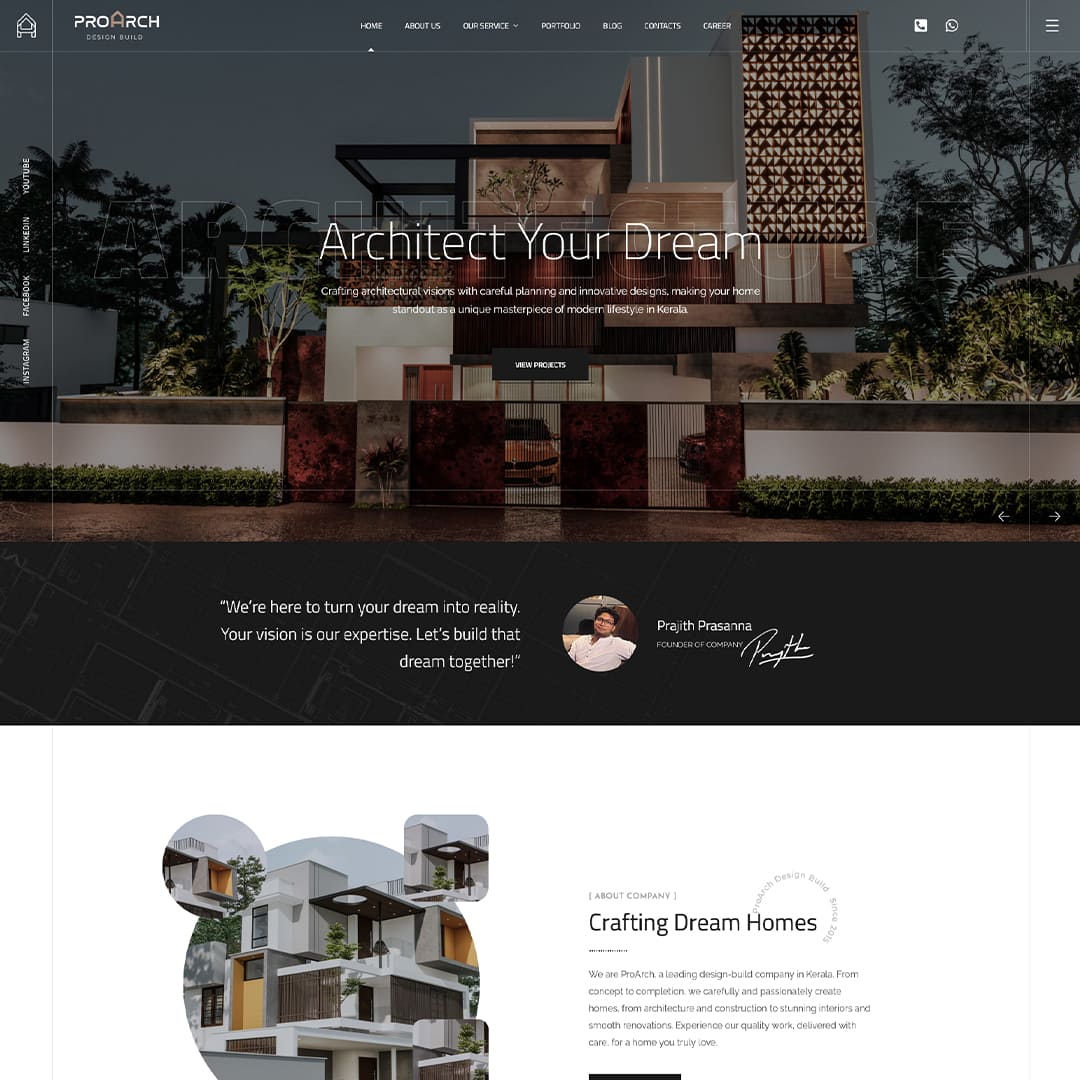 Modern architecture website design for builders, architects, and interior designers showcasing residential projects and construction services