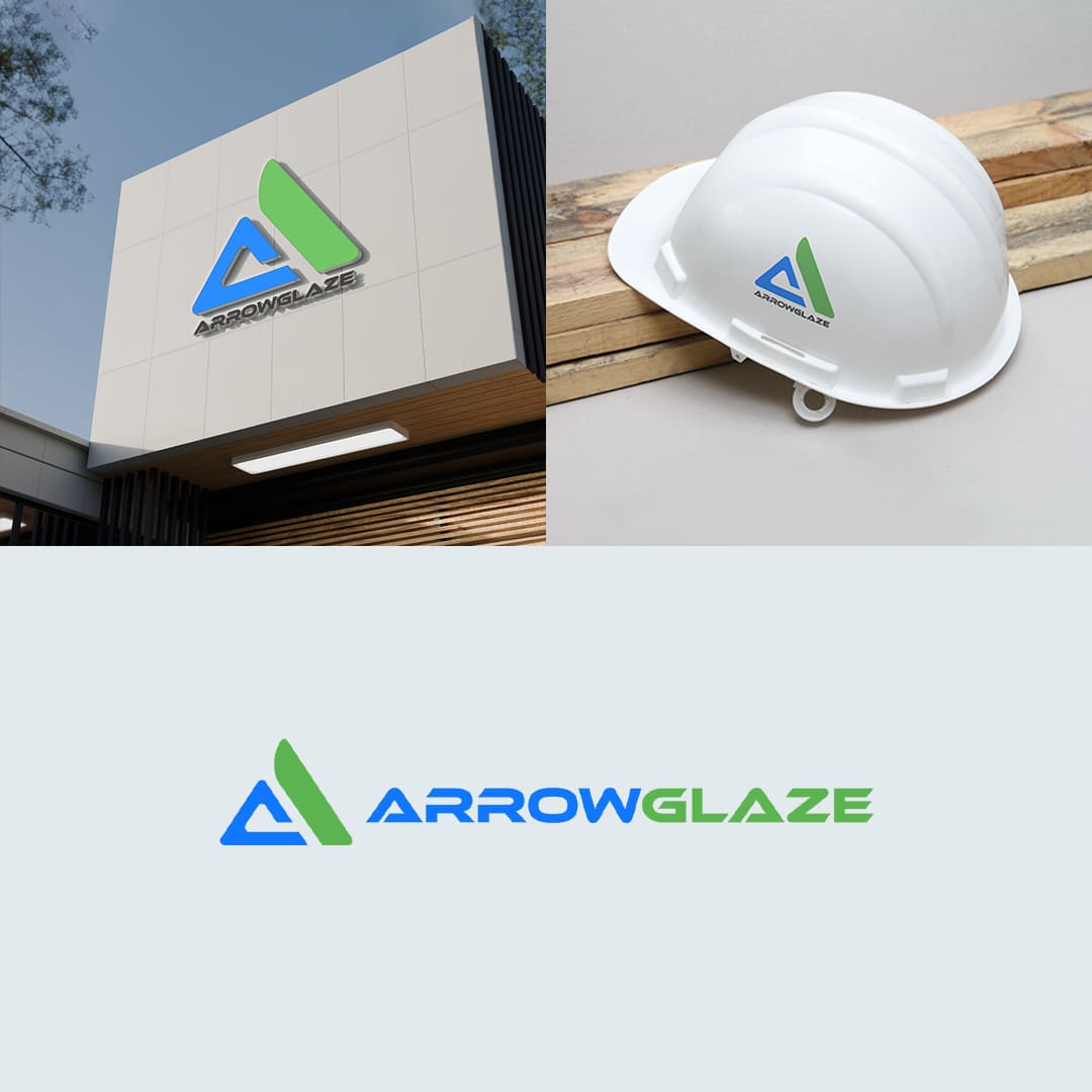 ArrowGlaze logo design and brand identity mockup featuring construction company branding, fabrication business logo design, building signage and safety helmet branding