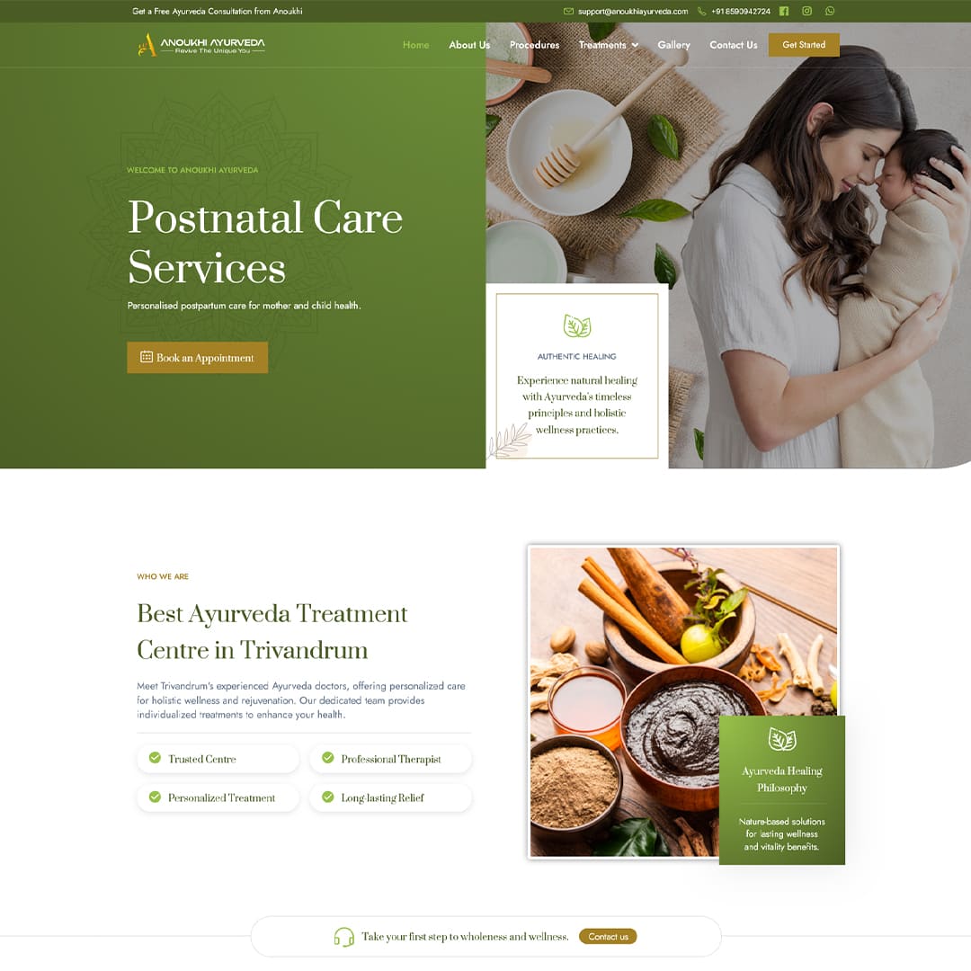 Professional Ayurveda clinic website design featuring postnatal care services, wellness treatments, healthcare consultation booking, and responsive medical website development