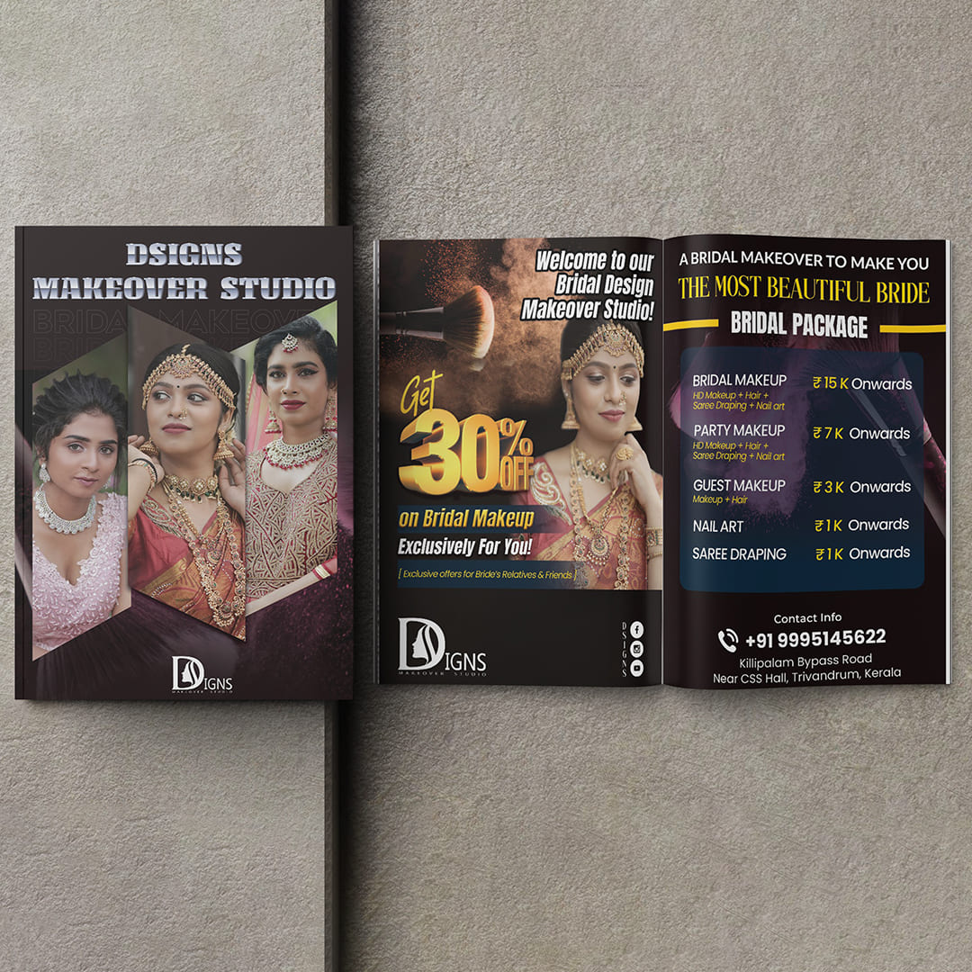 Professional bridal makeover studio brochure design for beauty salon and bridal makeup services