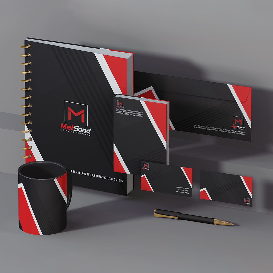 Professional construction company brand identity design featuring logo design, business cards, stationery, corporate branding materials, notebooks, and visual identity assets