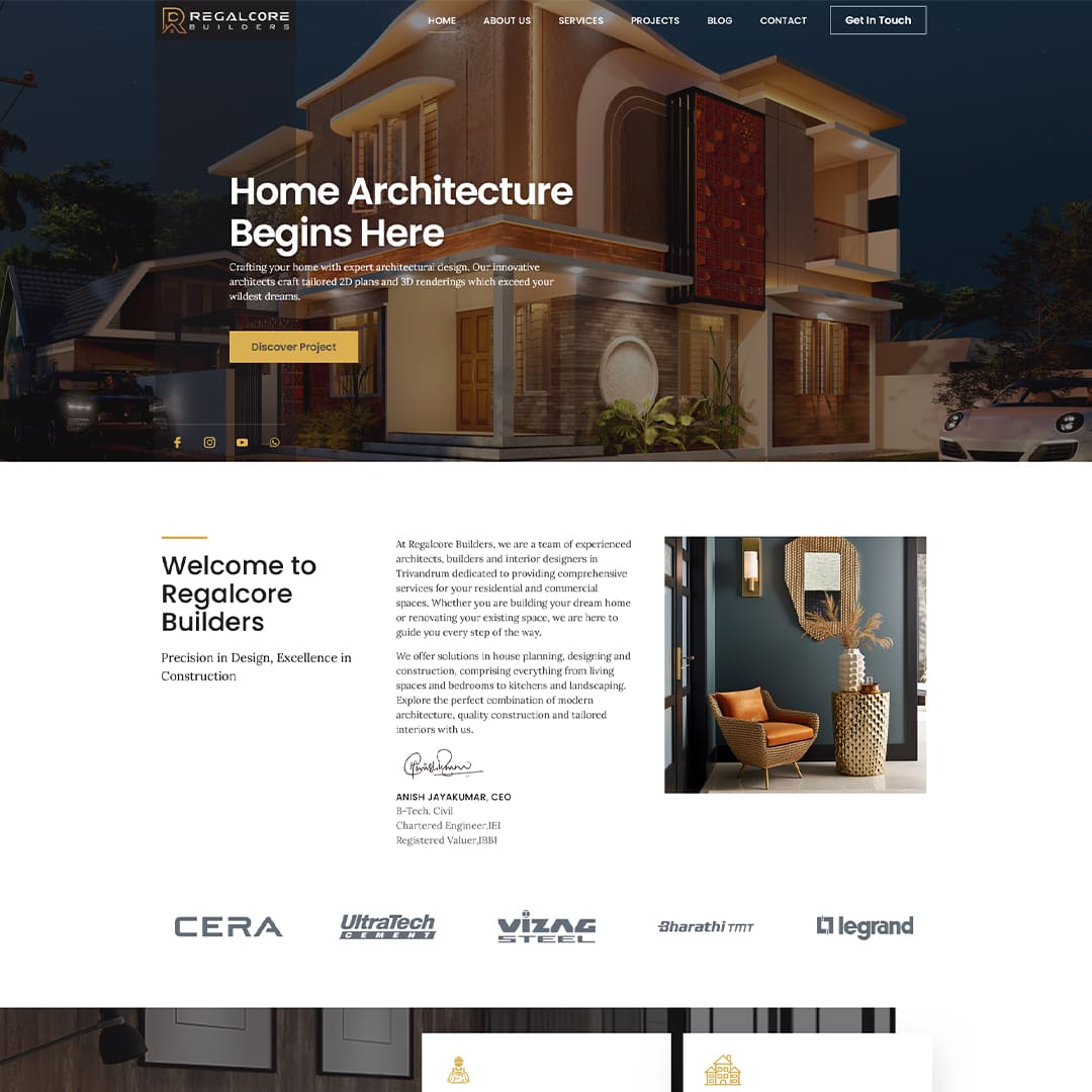 Professional construction company website design showcasing architecture, home construction, interior design, and builder services