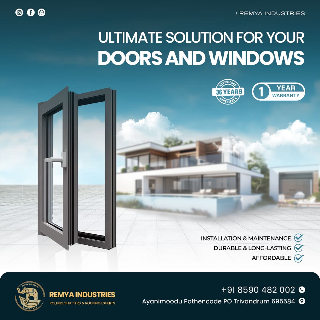 Social media advertisement for aluminium doors and windows featuring modern architectural design, premium window solutions, installation services, and home exterior branding