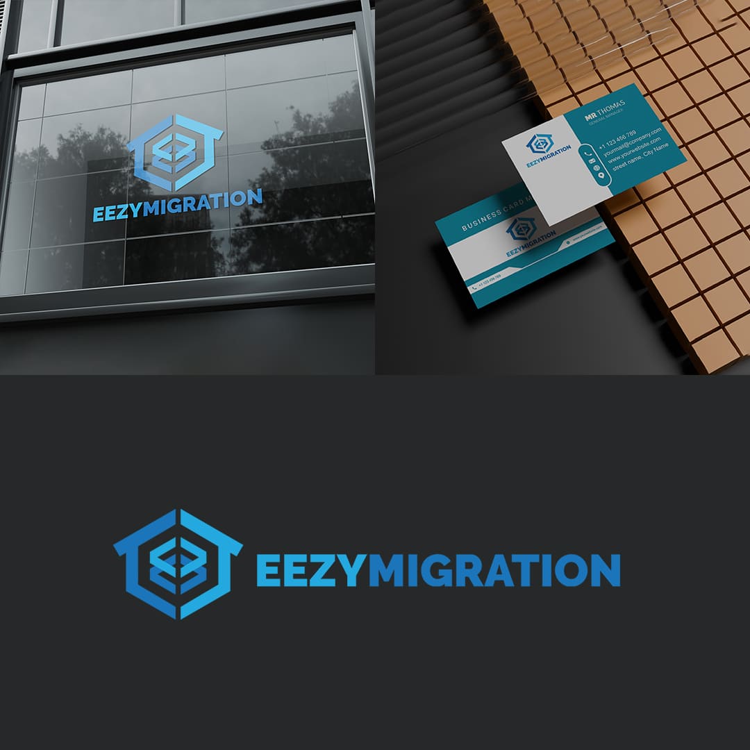 EezyMigration immigration consultancy brand identity design featuring professional logo design, corporate signage branding, business card design and visual identity mockups