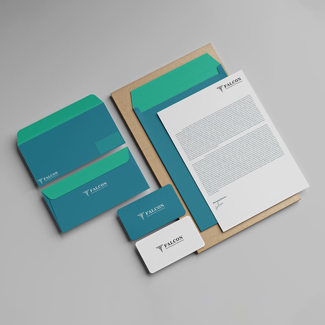 Healthcare brand identity design featuring letterhead, business card, envelope, and stationery branding created for Falcon Physiotherapy and Neuro Rehabilitation Centre