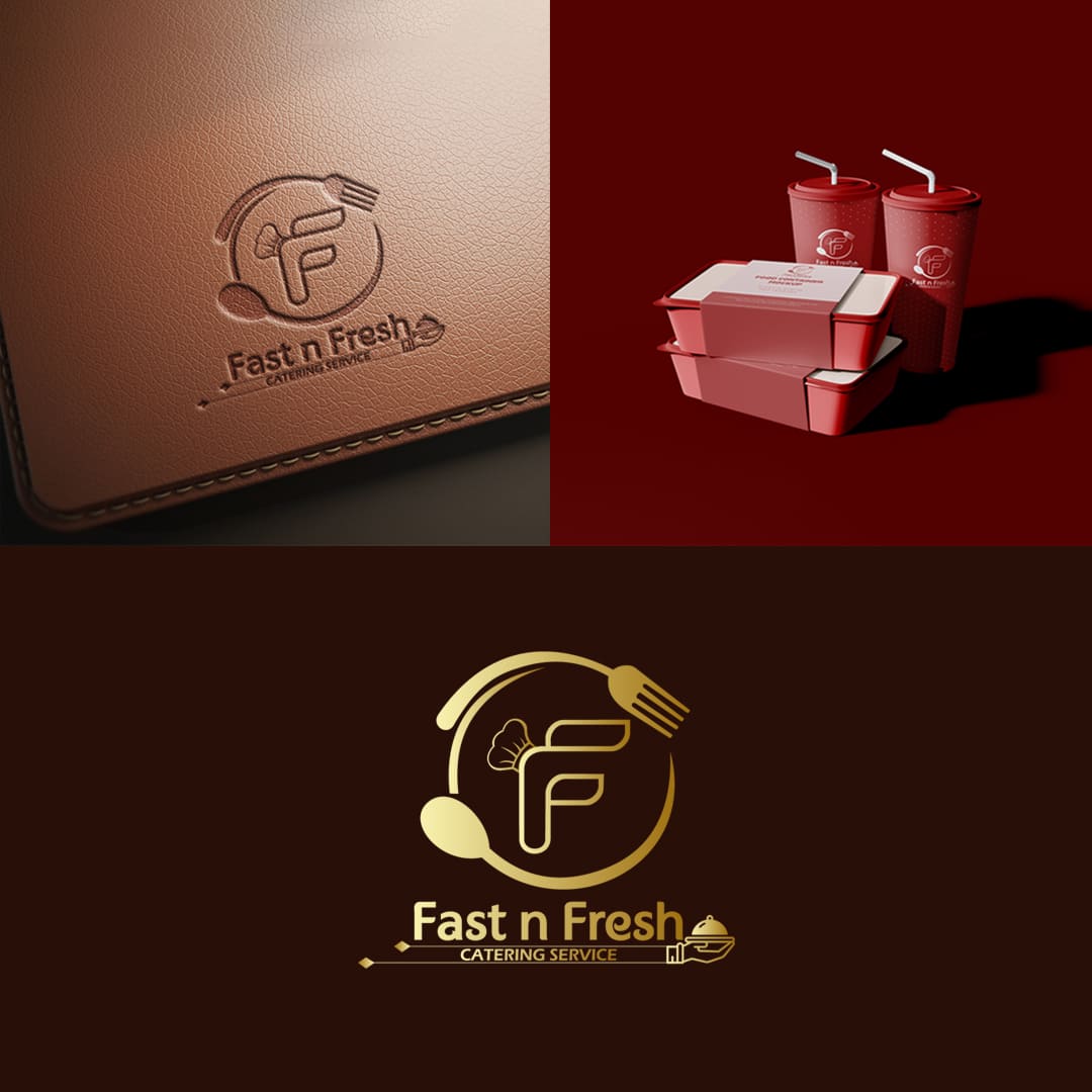 Fast N Fresh catering brand identity design featuring professional food service logo, takeaway packaging branding, beverage cup branding and restaurant visual identity mockups