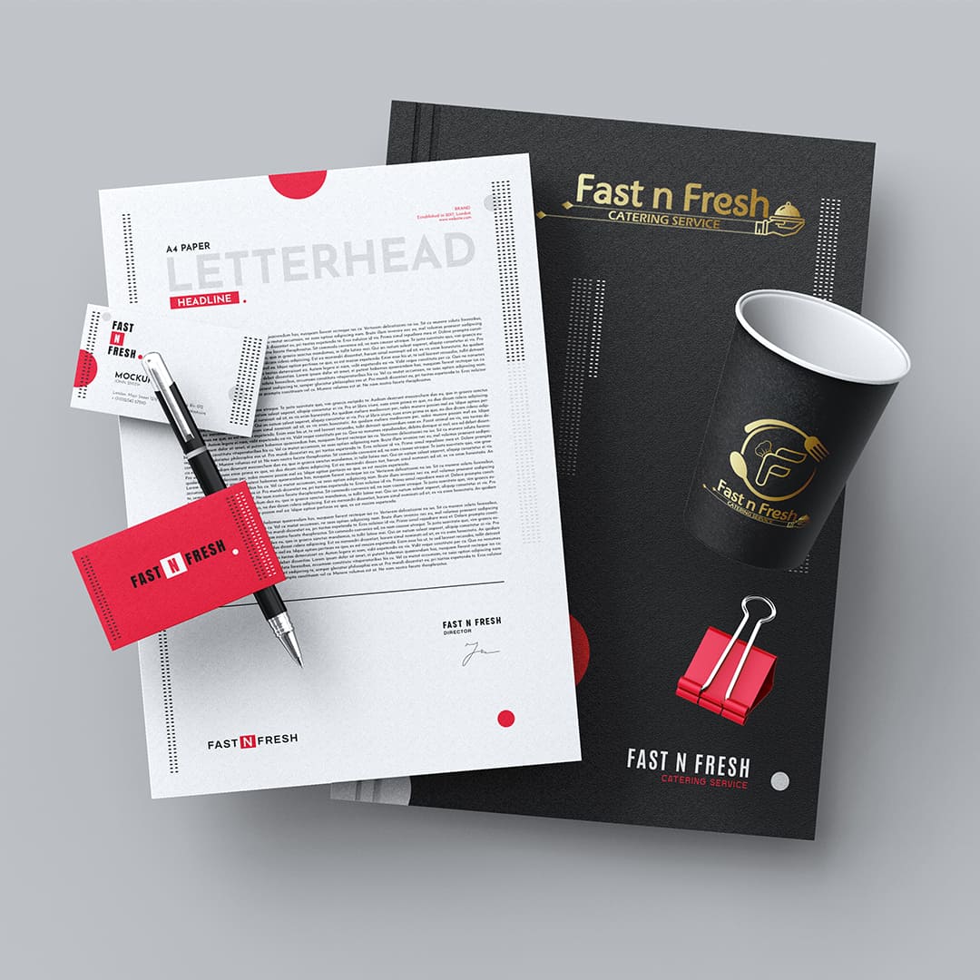 Fast n Fresh catering service corporate stationery and identity mockup design by Click You Design.