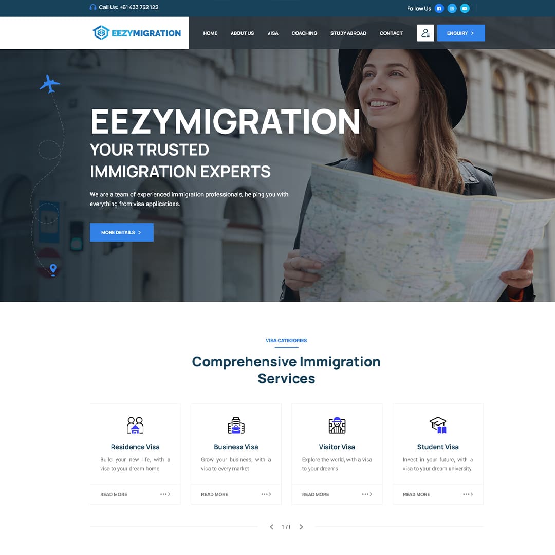 Professional immigration consultancy website design showcasing visa services, study abroad consulting, and immigration solutions