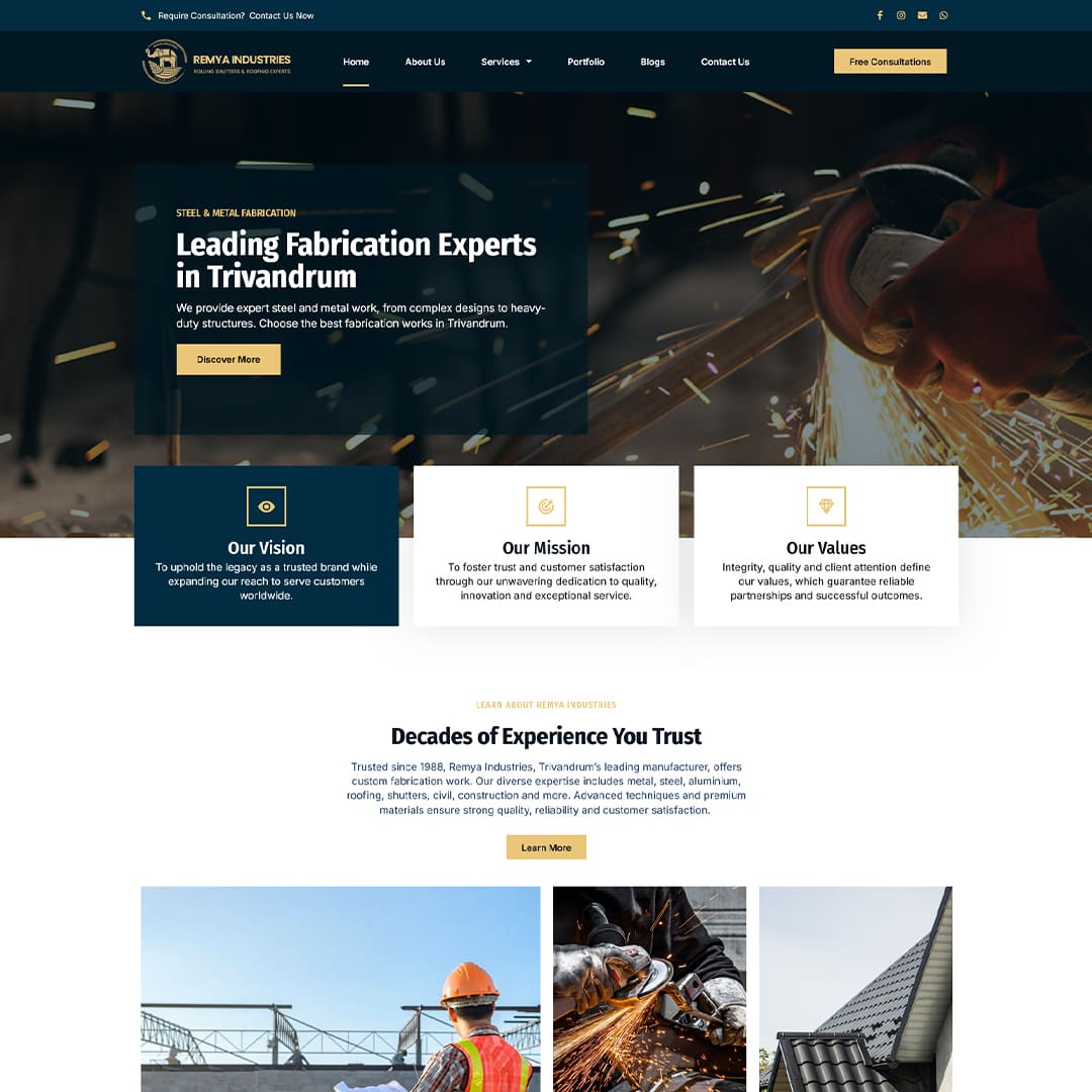 Professional industrial fabrication company website design showcasing steel fabrication, metal works, engineering services, and manufacturing solutions