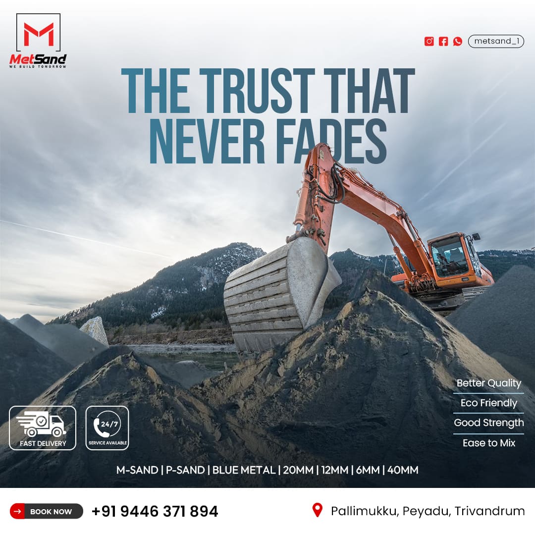 Construction material social media poster promoting M-Sand, P-Sand, blue metal, and building materials with excavator machinery and infrastructure branding