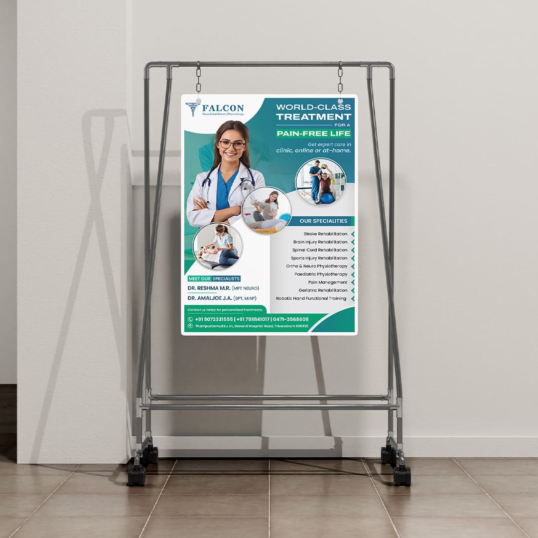 Professional medical poster design for healthcare clinic promotion featuring doctor branding and healthcare marketing services