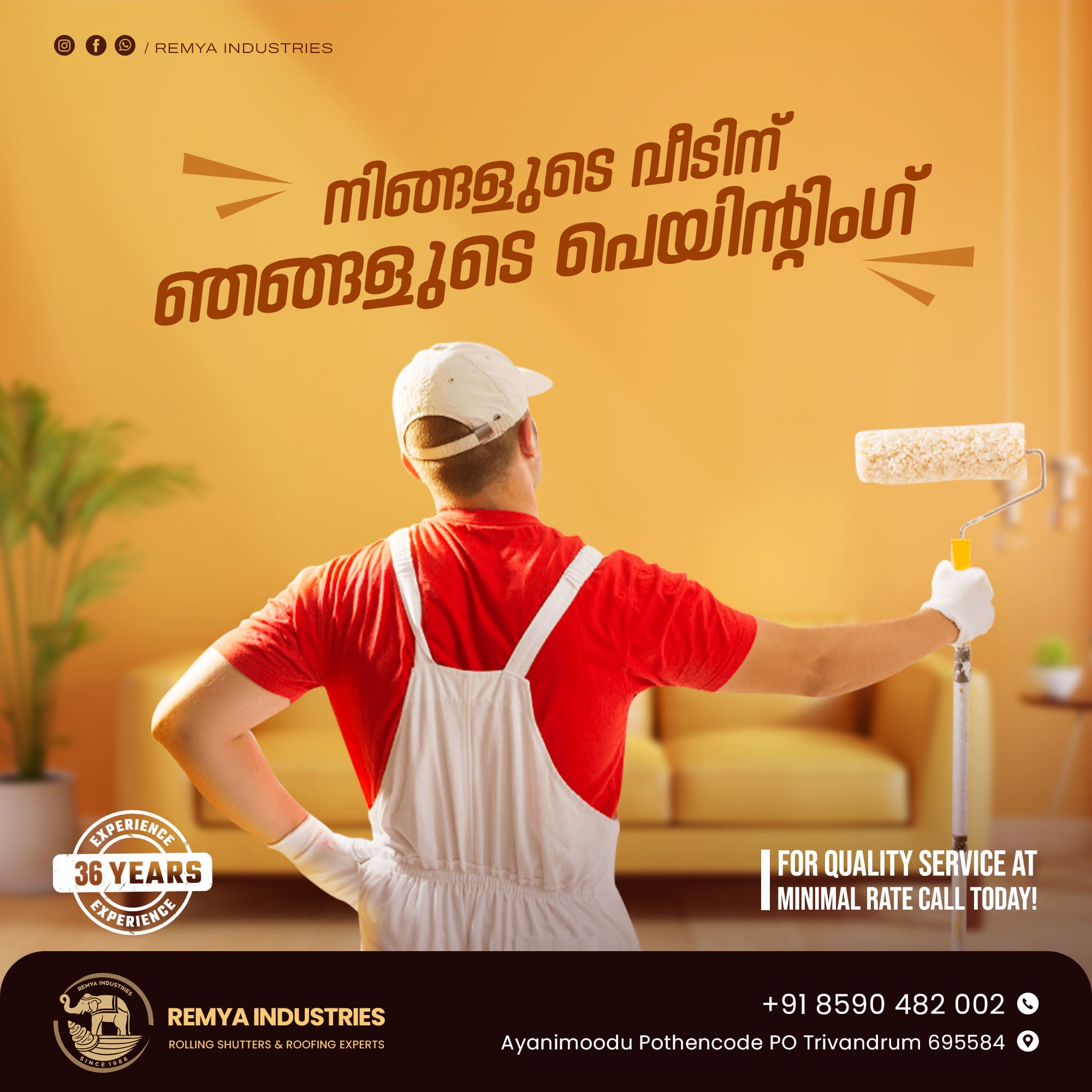 Professional painting service social media poster design featuring home painting solutions, wall painting services, residential painting advertisement, and creative marketing design