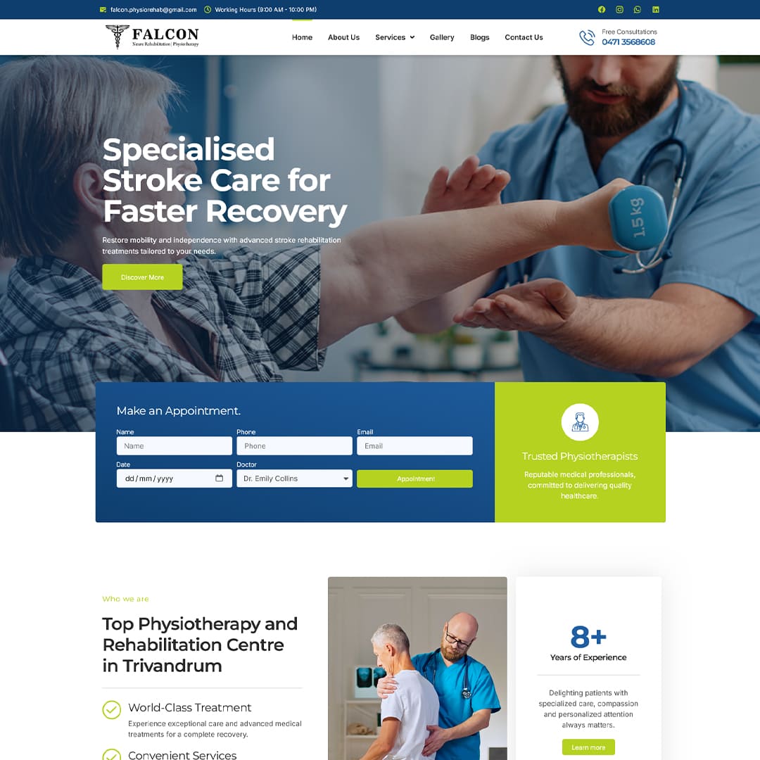 Professional physiotherapy clinic website design featuring rehabilitation services, stroke recovery treatment, healthcare appointment booking, and responsive medical website development