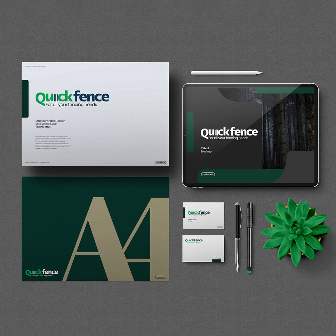 Professional brand identity design for QuickFence featuring logo design, business stationery, corporate branding materials, business cards, letterheads, and digital brand assets
