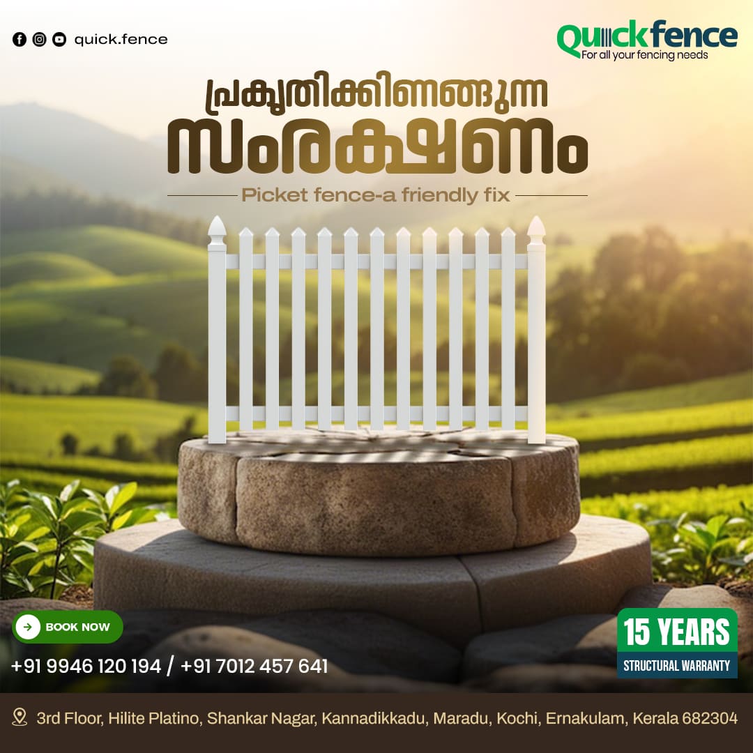 QuickFence picket fence promotional social media advertisement featuring white PVC fencing solution, landscape background, structural warranty and outdoor fencing installation services