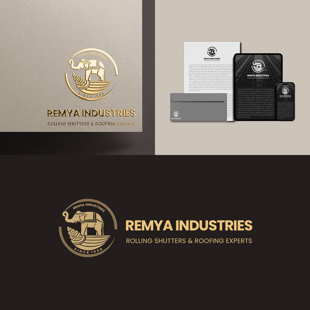 Remya Industries corporate brand identity design featuring professional logo branding, stationery design, business cards, letterhead and digital branding mockups