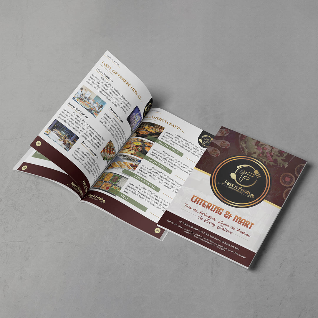 Professional restaurant brochure design showcasing food menu branding and promotional marketing materials for restaurants and cafes