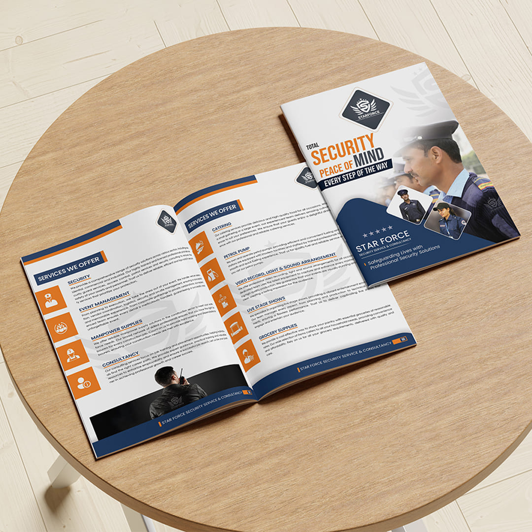 Professional brochure design for security services company showcasing corporate branding and marketing materials