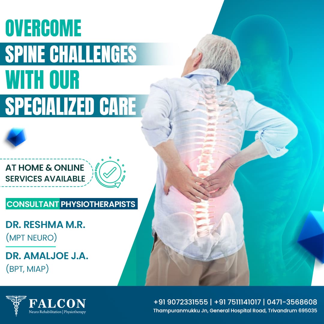 Physiotherapy social media poster promoting spine care treatment, back pain rehabilitation, neuro rehabilitation services, and physiotherapy consultation by Falcon Physiotherapy Trivandrum