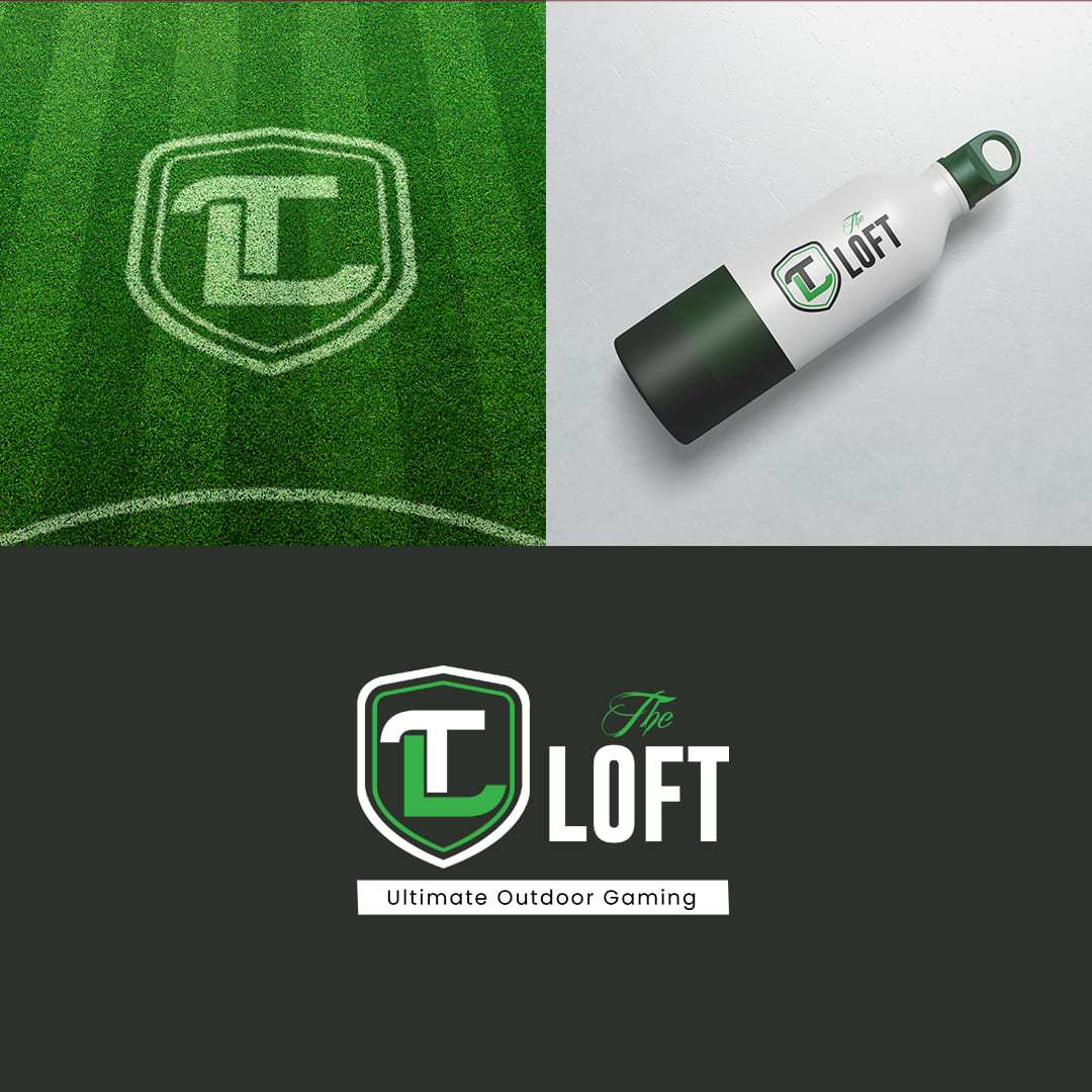 The Loft outdoor gaming brand identity design featuring custom logo branding, sports field logo application, promotional merchandise branding and professional visual identity mockups