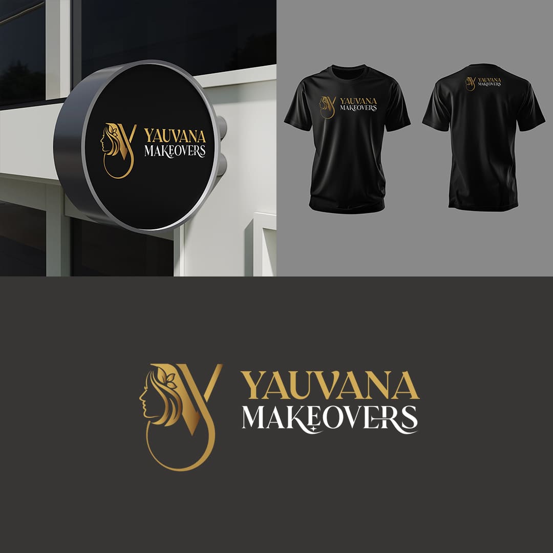 Yauvana Makeovers beauty salon brand identity design featuring luxury logo branding, signboard mockup, staff uniform design and professional beauty brand visual identity