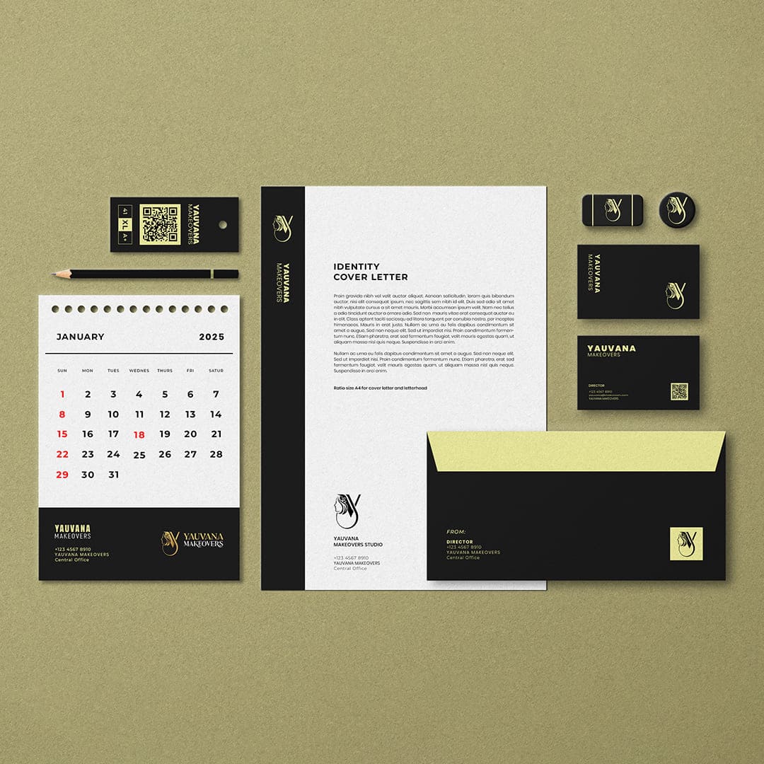 Yauvuna luxury corporate stationery and brand identity mockup design by Click You Design.