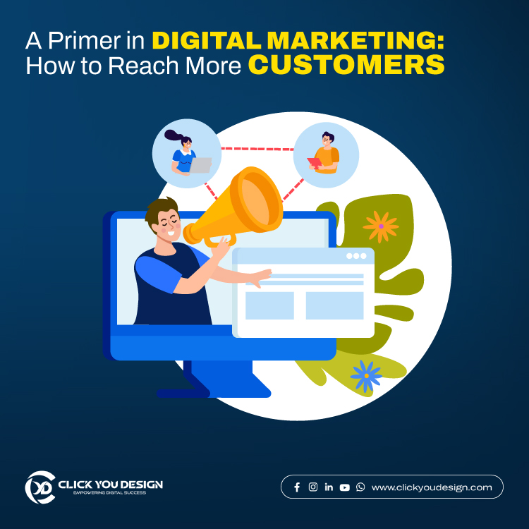 Digital marketing guide illustration showing customer reach and online marketing strategies