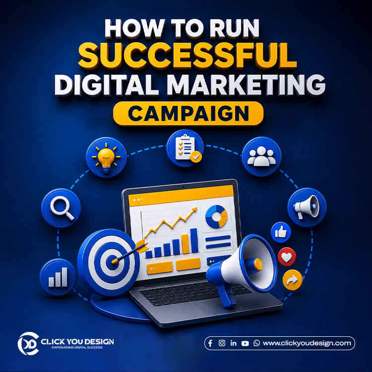 Illustration of a successful digital marketing campaign featuring a laptop with analytics charts, target board, megaphone, and marketing strategy icons.