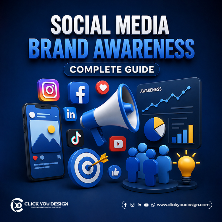 Social media brand awareness guide featuring social media icons, digital marketing analytics, audience engagement, and brand growth strategies.