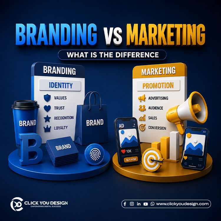 Branding vs marketing comparison highlighting identity, trust, promotion, sales, and customer engagement.