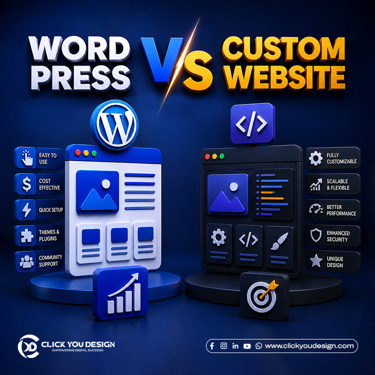 WordPress vs Custom Website comparison showing features, benefits, customization, performance, security, and scalability differences.
