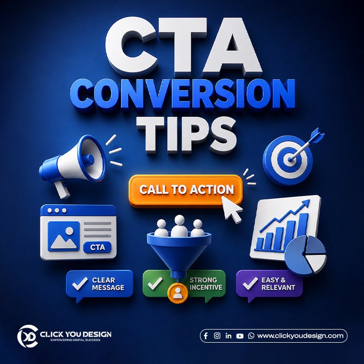 CTA conversion tips infographic showing call-to-action button, conversion funnel, target icon, analytics chart, and best practices for increasing website conversions.