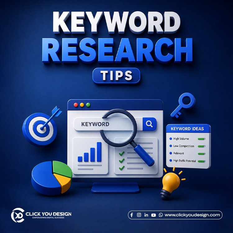 Keyword Research Tips infographic showing SEO keyword analysis, search trends, and keyword planning.