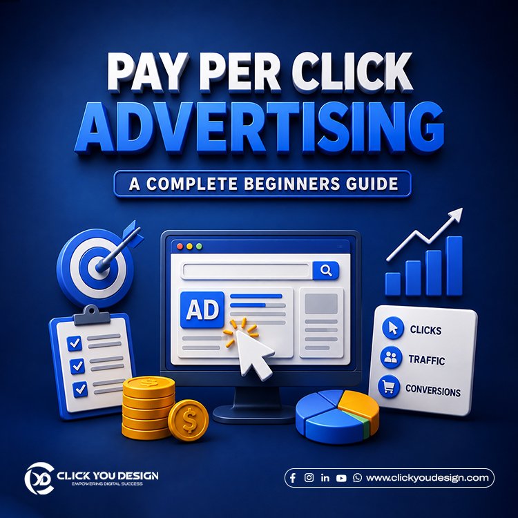 Pay Per Click Advertising guide with PPC campaign, online ads, clicks, traffic, conversions, and digital marketing illustration.