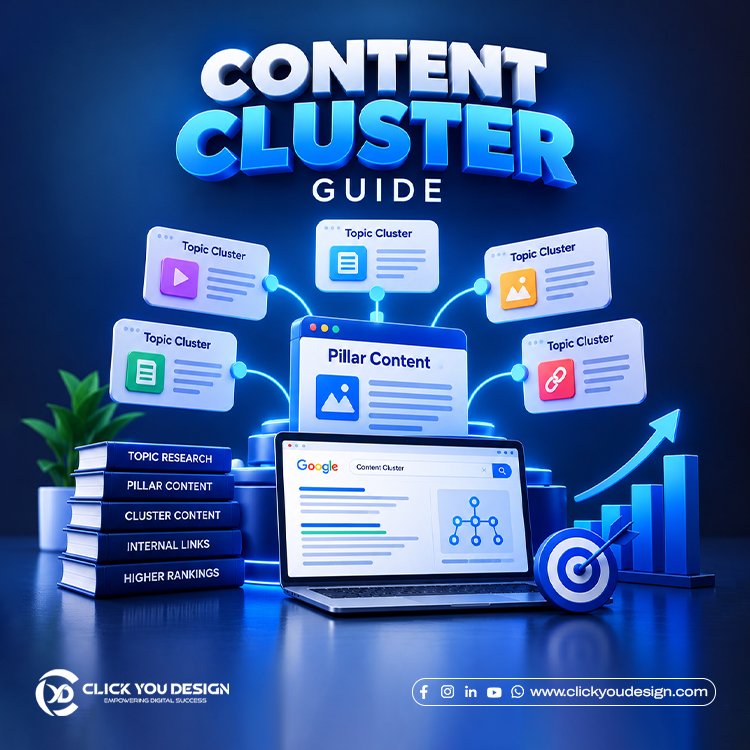 Content cluster guide showing a main topic connected to related subtopics for SEO.