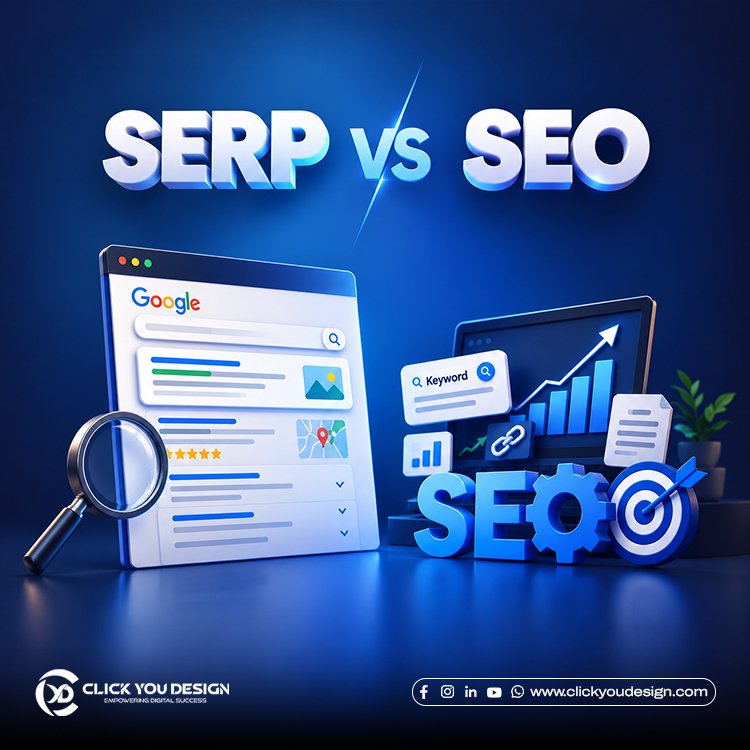 SERP and SEO with search results, website rankings, and SEO analytics on a blue background.