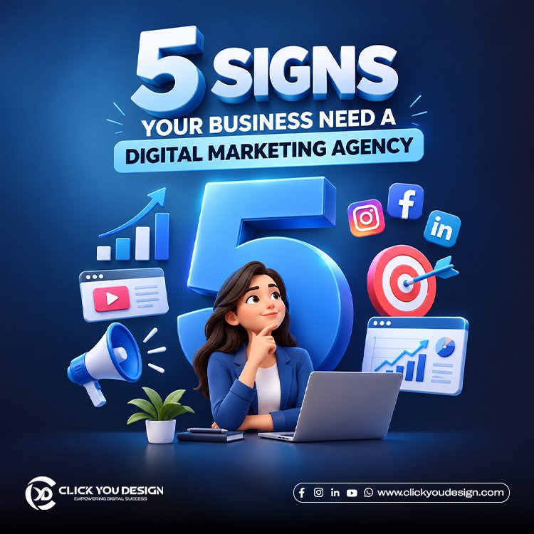 5 signs your business needs a digital marketing agency, featuring digital marketing icons and analytics.