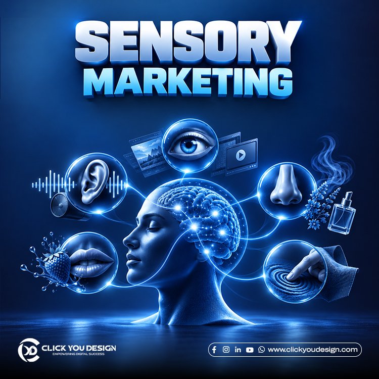 Sensory marketing strategy showing how brands use sight, sound, smell, taste, and touch to create memorable customer experiences.